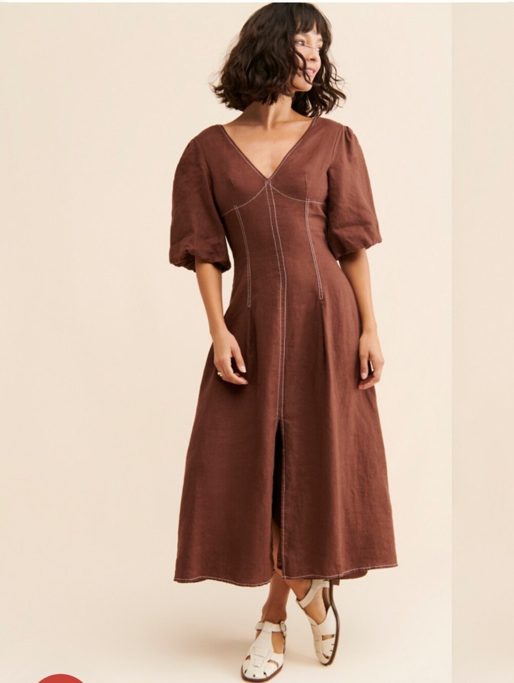 SANCIA MARI LINEN DRESS Brown V-Neck Midi Dress with Puff Sleeves SIZE S USED